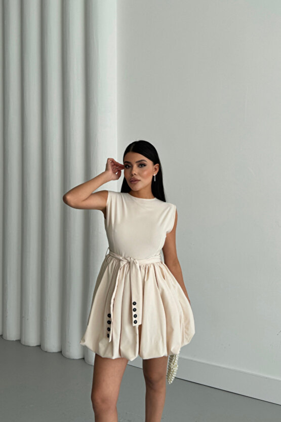 Gökyüzü Moda BALON ETEKLİ TASARIM KISA ELBİSE - Bej