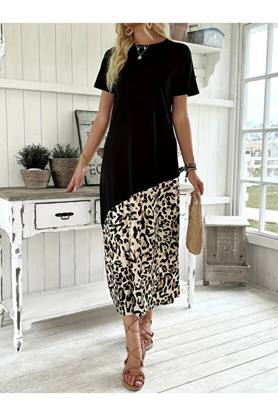 Gökyüzü Moda Kadın Kısa Kollu Bisiklet Yaka Leopar Detaylı Midi üst Viskon Alt Süprem Elbise