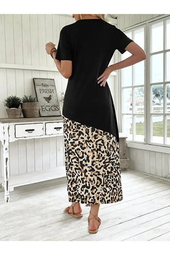 Gökyüzü Moda Kadın Kısa Kollu Bisiklet Yaka Leopar Detaylı Midi üst Viskon Alt Süprem Elbise