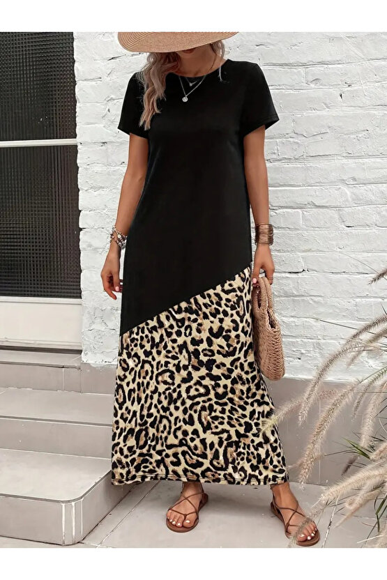 Gökyüzü Moda Kadın Kısa Kollu Bisiklet Yaka Leopar Detaylı Midi üst Viskon Alt Süprem Elbise