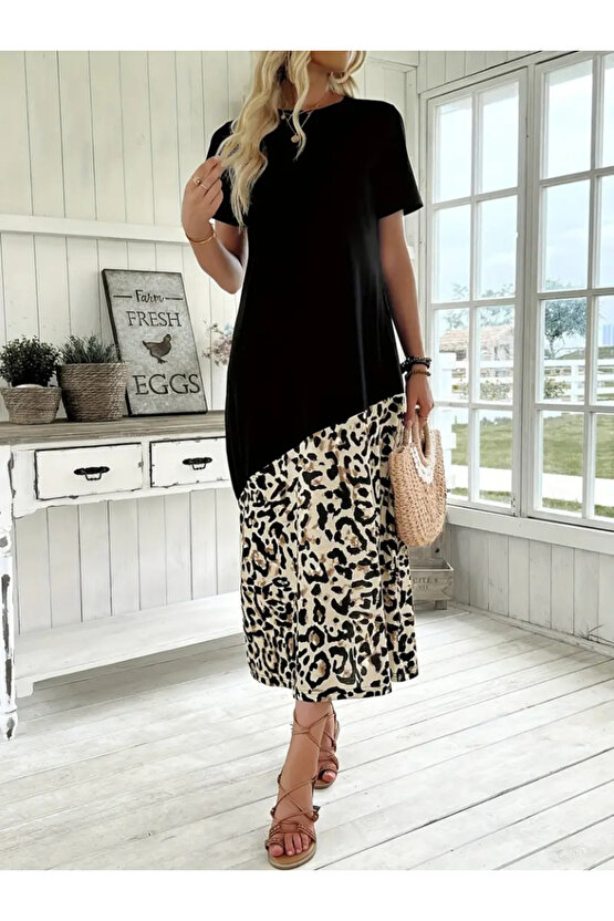 Gökyüzü Moda Kadın Kısa Kollu Bisiklet Yaka Leopar Detaylı Midi üst Viskon Alt Süprem Elbise