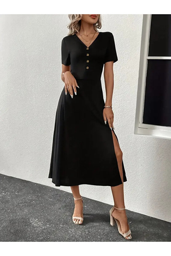 Gökyüzü Moda Kadın Kısa Kollu V Yakalı önden Düğmeli Yırtmaçlı Midi Viskon Elbise