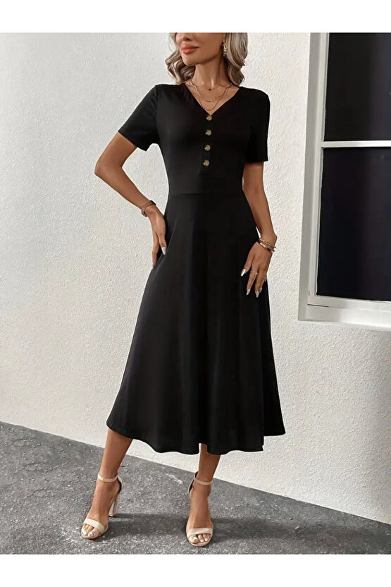 Gökyüzü Moda Kadın Kısa Kollu V Yakalı önden Düğmeli Yırtmaçlı Midi Viskon Elbise