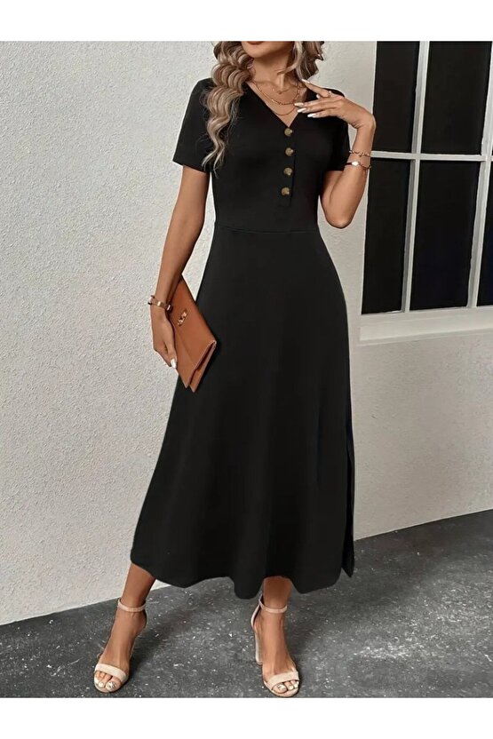 Gökyüzü Moda Kadın Kısa Kollu V Yakalı önden Düğmeli Yırtmaçlı Midi Viskon Elbise