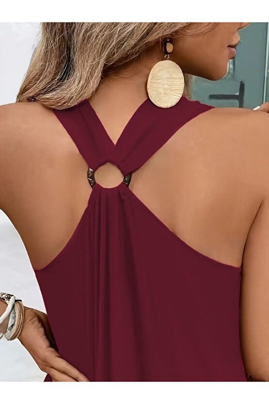 Gökyüzü Moda Kadın Askılı V Yakalı Halka Detaylı Maksi Boy Viskon Elbise