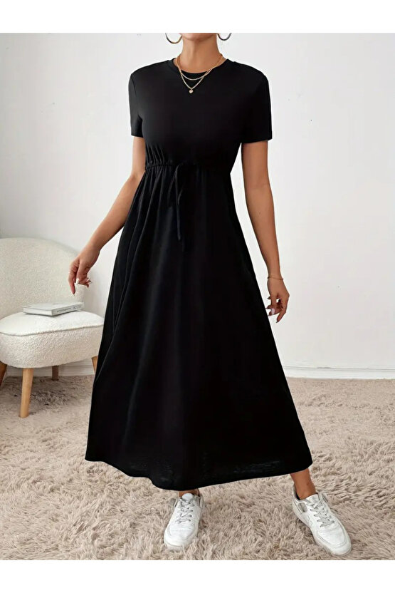 Gökyüzü Moda Kadın Kısa Kollu Bisiklet Yaka Belden Bağcıklı Cepli Viskon Elbise