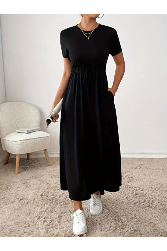 Gökyüzü Moda Kadın Kısa Kollu Bisiklet Yaka Belden Bağcıklı Cepli Viskon Elbise