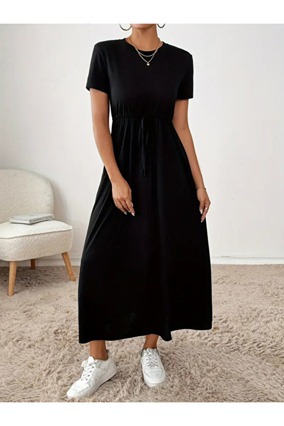 Gökyüzü Moda Kadın Kısa Kollu Bisiklet Yaka Belden Bağcıklı Cepli Viskon Elbise