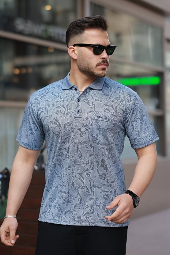 Gökyüzü Moda Erkek Yakalı Jakar Baskılı Kısa Kollu T-shirt