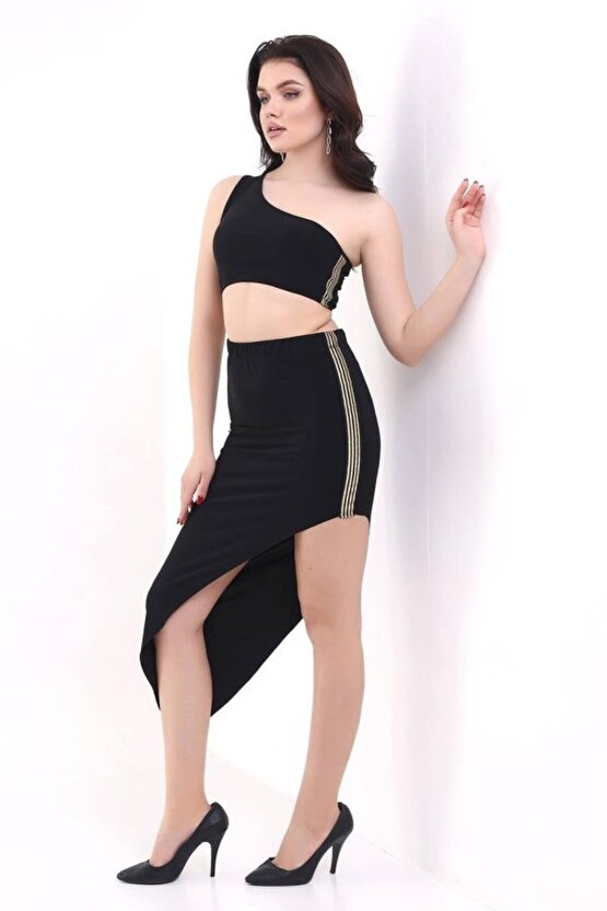 Gökyüzü Moda Kadın Tek Omuzlu Asimetrik Etek Şerit Detaylı Fırsat Ürün Sandy Kumaş İkili Takım