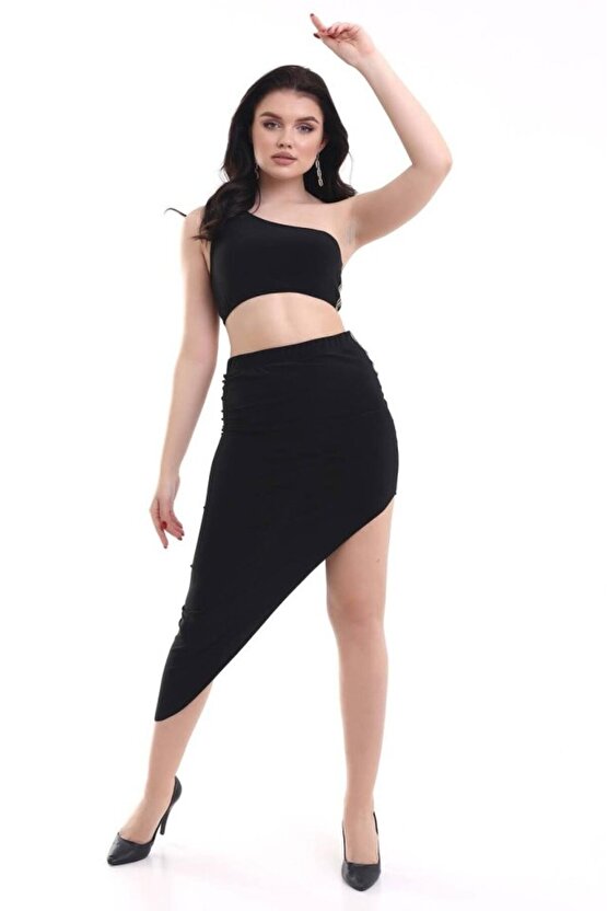 Gökyüzü Moda Kadın Tek Omuzlu Asimetrik Etek Şerit Detaylı Fırsat Ürün Sandy Kumaş İkili Takım