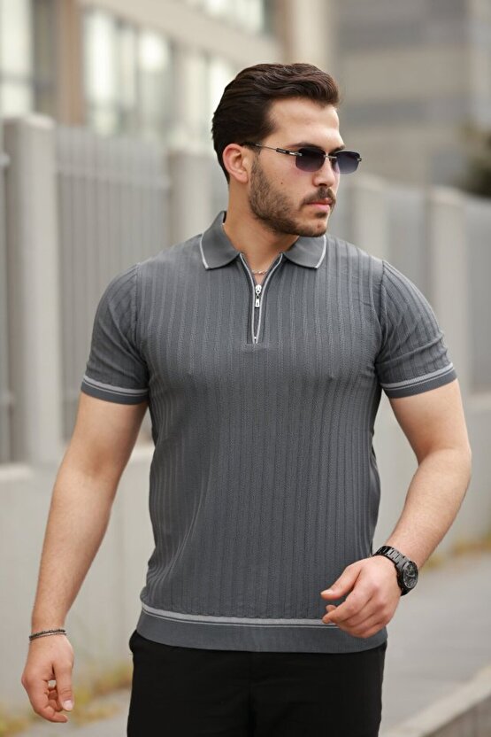 eyesof Erkek Fermuarlı Yakalı Kısa Kollu T-shirt