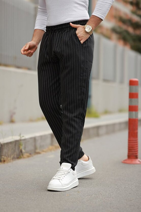 Gökyüzü Moda Erkek Beli Bağcıklı çizgili Pantolon