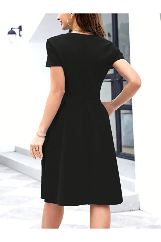 Gökyüzü Moda Kadın Kısa Kollu Bisiklet Yaka önden Pile Detaylı Janjan Krep Elbise