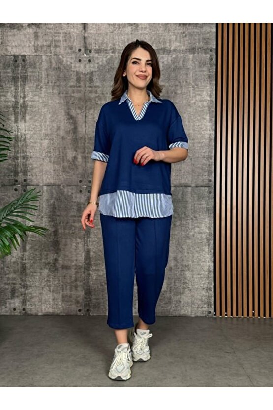 Gökyüzü Moda Kadın Modal Kumaş çizgili Gömlek Yaka Ikili Takım