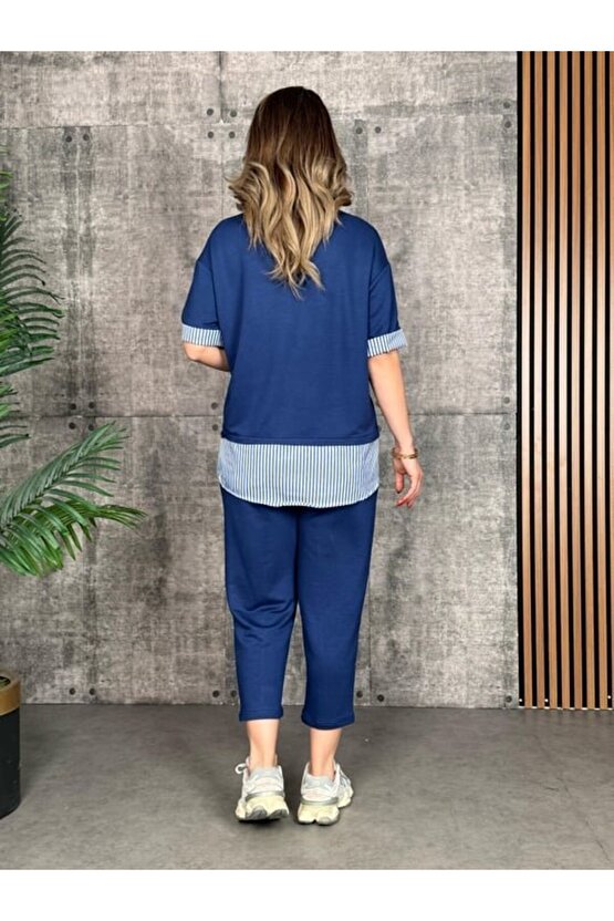 Gökyüzü Moda Kadın Modal Kumaş çizgili Gömlek Yaka Ikili Takım