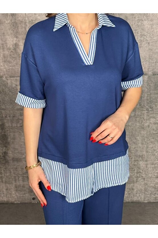 Gökyüzü Moda Kadın Modal Kumaş çizgili Gömlek Yaka Ikili Takım