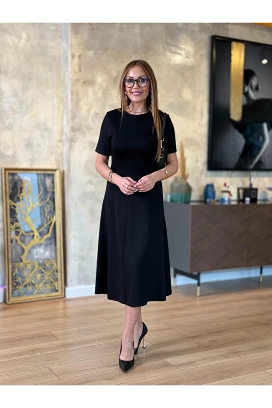 Gökyüzü Moda Kadın Kısa Kollu Bisiklet Yaka Midi Viskon Iki Iplik Elbise