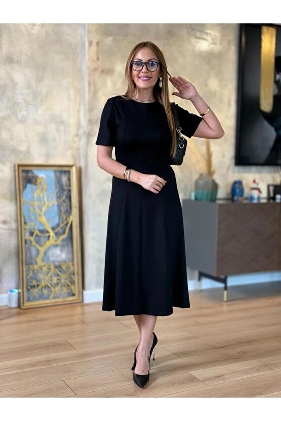 Gökyüzü Moda Kadın Kısa Kollu Bisiklet Yaka Midi Viskon Iki Iplik Elbise