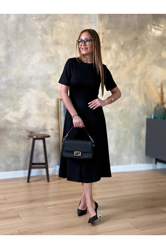 Gökyüzü Moda Kadın Kısa Kollu Bisiklet Yaka Midi Viskon Iki Iplik Elbise