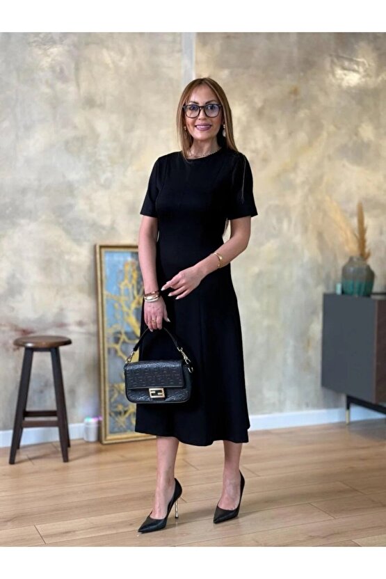 Gökyüzü Moda Kadın Kısa Kollu Bisiklet Yaka Midi Viskon Iki Iplik Elbise