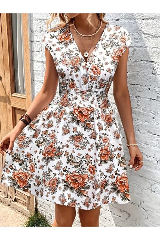Gökyüzü Moda Kadın Kısa Kollu Kruvaze Yakalı çiçekli Desenli Süprem Elbise