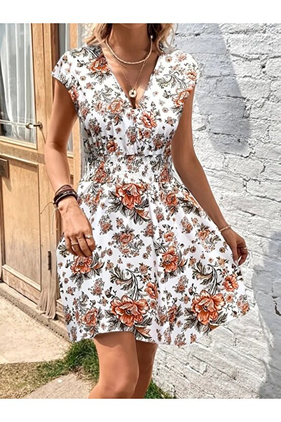 Gökyüzü Moda Kadın Kısa Kollu Kruvaze Yakalı çiçekli Desenli Süprem Elbise