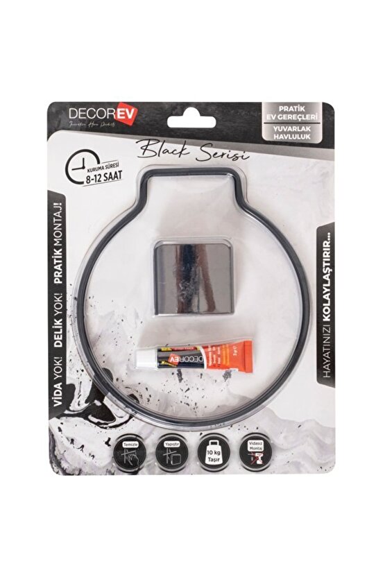 Decorev Süper Yapışkanlı Metal Yapıştırıcılı Siyah Yuvarlak Havluluk Dc-5059