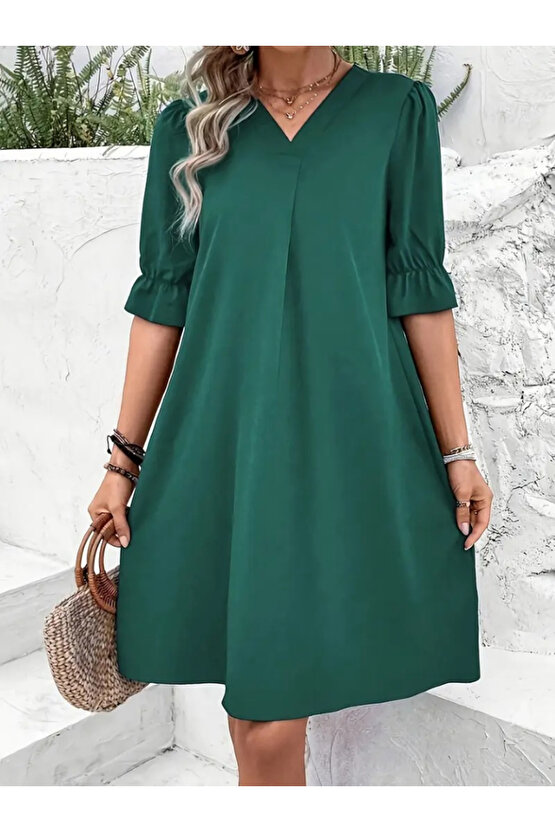 Gökyüzü Moda Kadın Kısa Kollu V Yakalı Salaş Janjan Krep Elbise