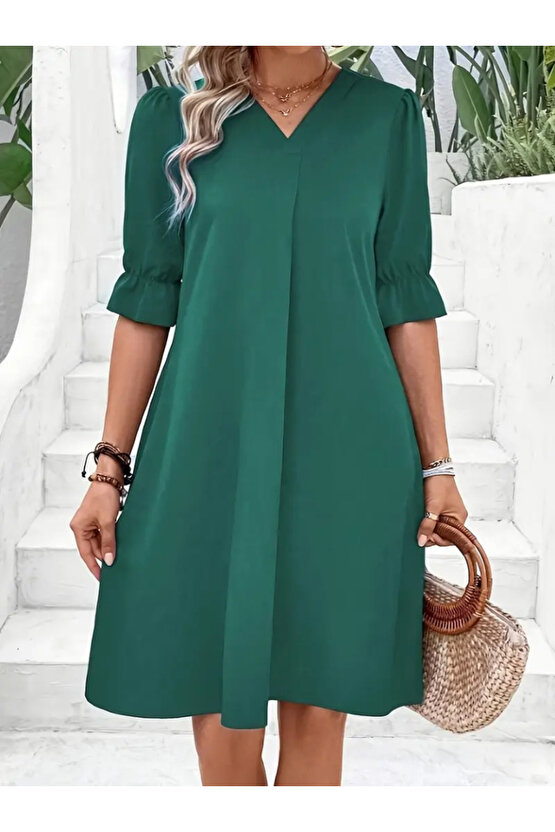 Gökyüzü Moda Kadın Kısa Kollu V Yakalı Salaş Janjan Krep Elbise