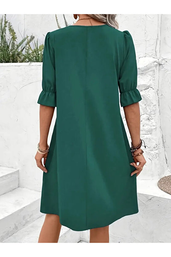 Gökyüzü Moda Kadın Kısa Kollu V Yakalı Salaş Janjan Krep Elbise