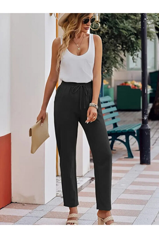 Gökyüzü Kadın Beli Lastikli Keten Pantolon