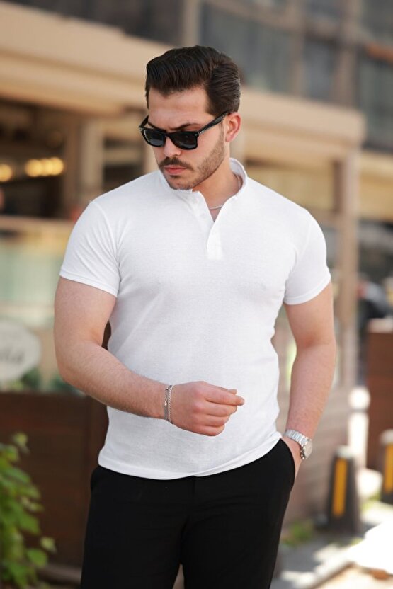 Gökyüzü Moda Erkek Hakim Yaka Dokuma Pamuklu Kumaş Kısa Kollu T-shirt