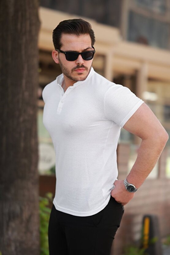 Gökyüzü Moda Erkek Hakim Yaka Dokuma Pamuklu Kumaş Kısa Kollu T-shirt