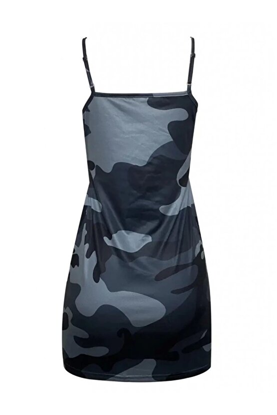 Kadın Ip Askılı Kamuflaj Baskılı Viskon Elbise