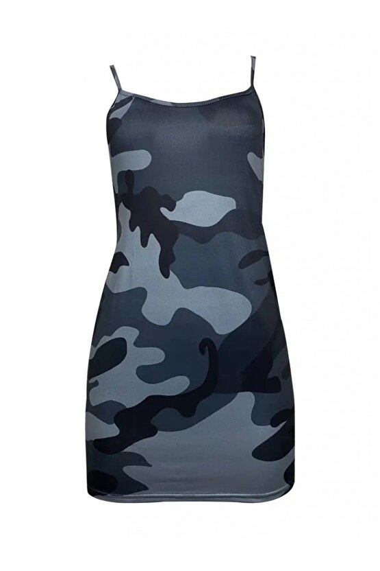Kadın Ip Askılı Kamuflaj Baskılı Viskon Elbise