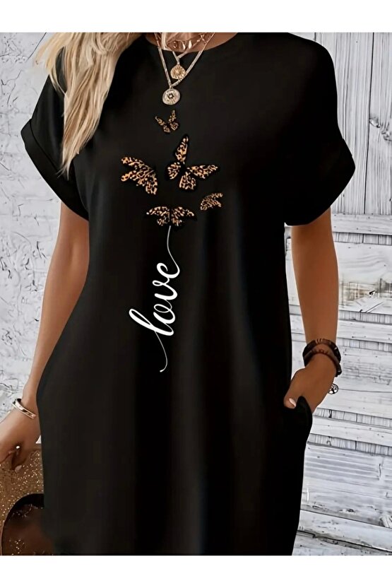 Kadın Kısa Kollu Bisiklet Yaka Cepli Kelebek Baskılı Viskon Elbise