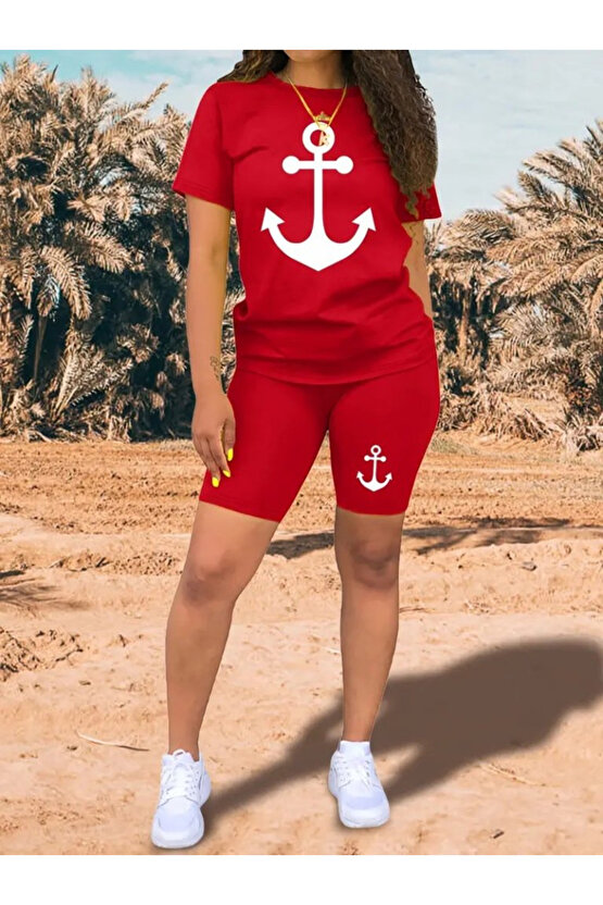 Gökyüzü Moda Kadın Kısa Kollu çapa Baskılı Viskon Ikili Takım