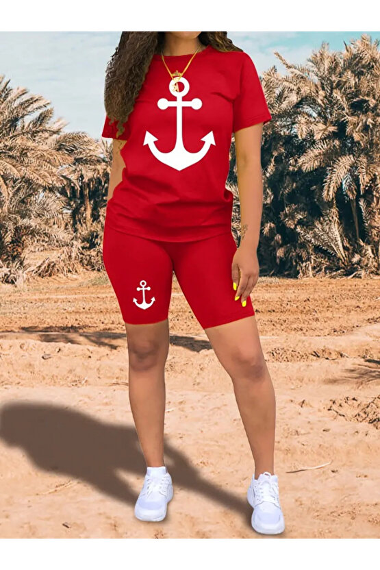 Gökyüzü Moda Kadın Kısa Kollu çapa Baskılı Viskon Ikili Takım