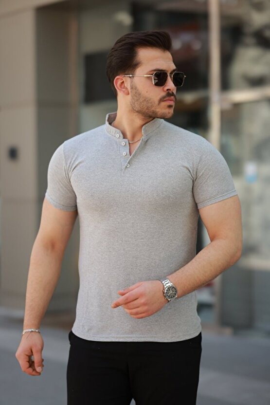 Gökyüzü Moda Erkek Hakim Yaka Dokuma Pamuklu Kumaş Kısa Kollu T-shirt