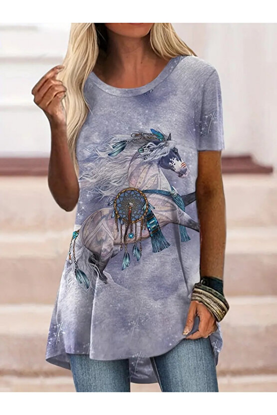 Gökyüzü Moda Kadın Kısa Kollu Bisiklet Yaka Salaş Süprem Bluz