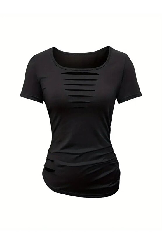 Gökyüzü Moda Kadın Kısa Kollu Yakası Açık Lazer Kesik Detaylı Viskon Bluz