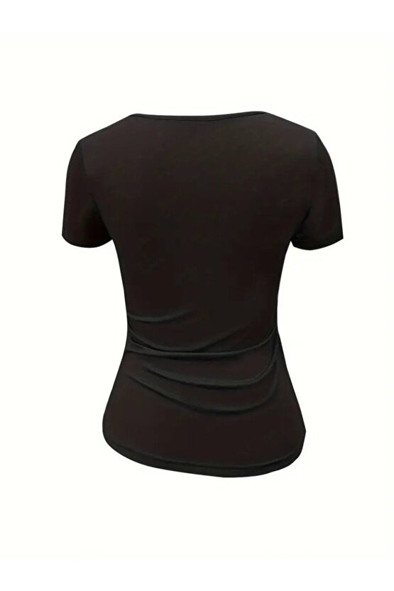 Gökyüzü Moda Kadın Kısa Kollu Yakası Açık Lazer Kesik Detaylı Viskon Bluz