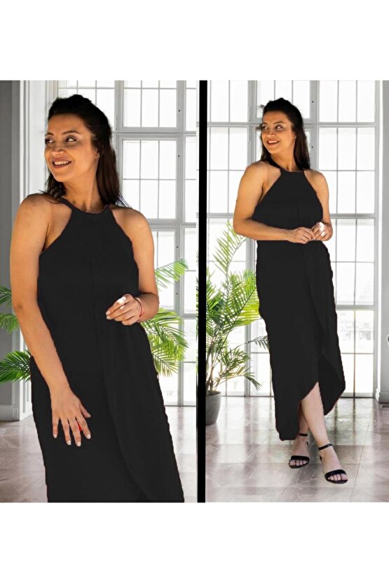 Kadın Omuzlardan Açık Boyundan Geçmeli Asimetrik Kesim Detaylı Viskon Elbise