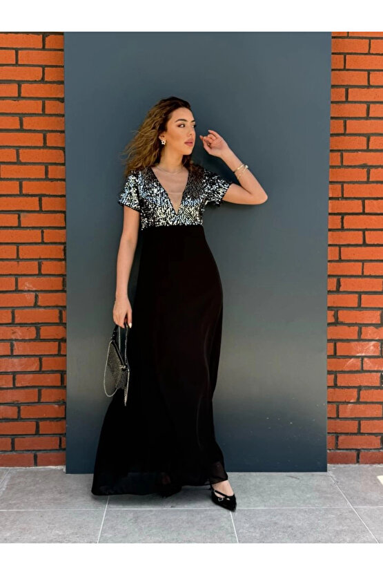 Kadın Kısa Kollu Derin V Yakalı A Kesim Pulpayet Detaylı şifon Nedime Elbisesi