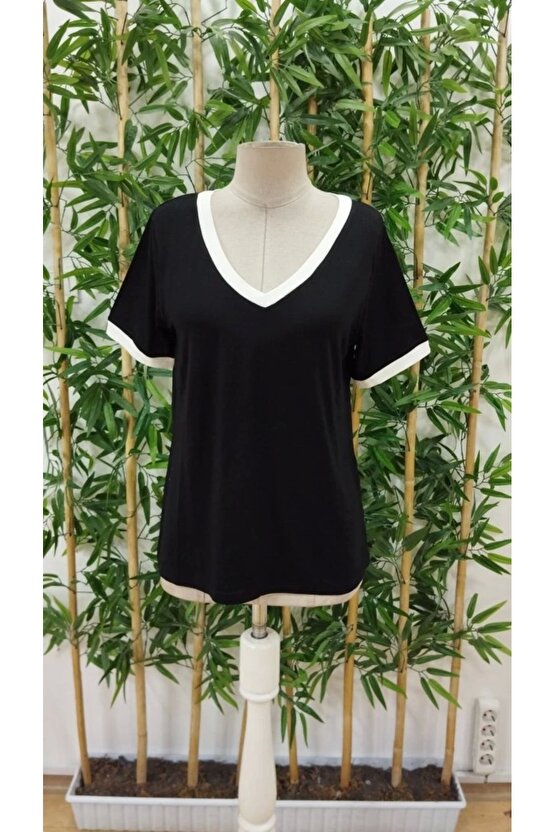 Kadın Kısa Kollu V Yakalı Viskon Bluz