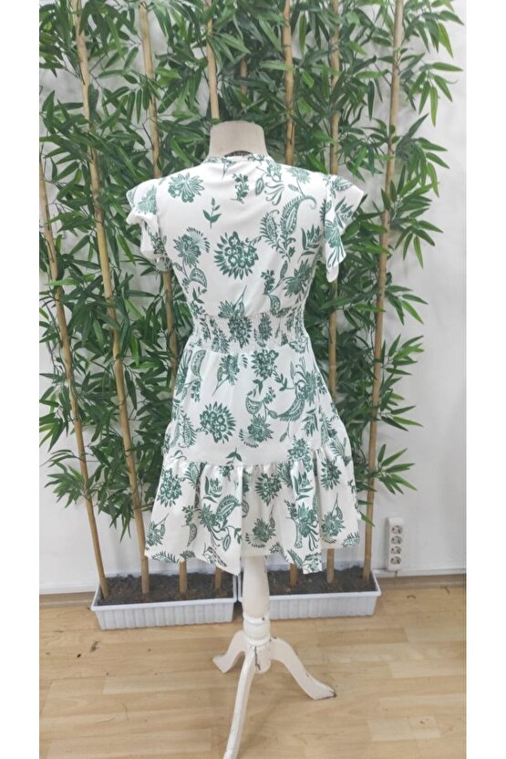 Kadın Kısa Fırfır Kollu Kruvaze Yaka çiçekli Atlas Elbise