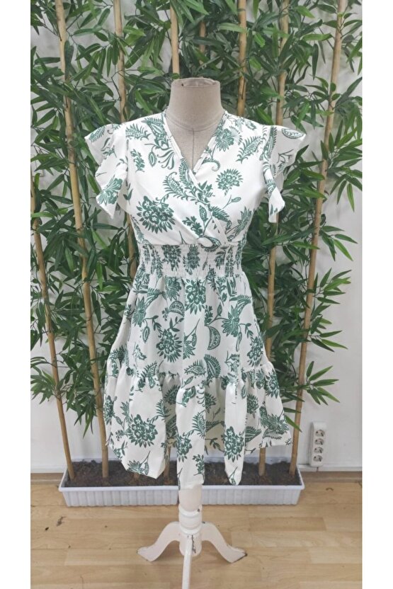 Kadın Kısa Fırfır Kollu Kruvaze Yaka çiçekli Atlas Elbise