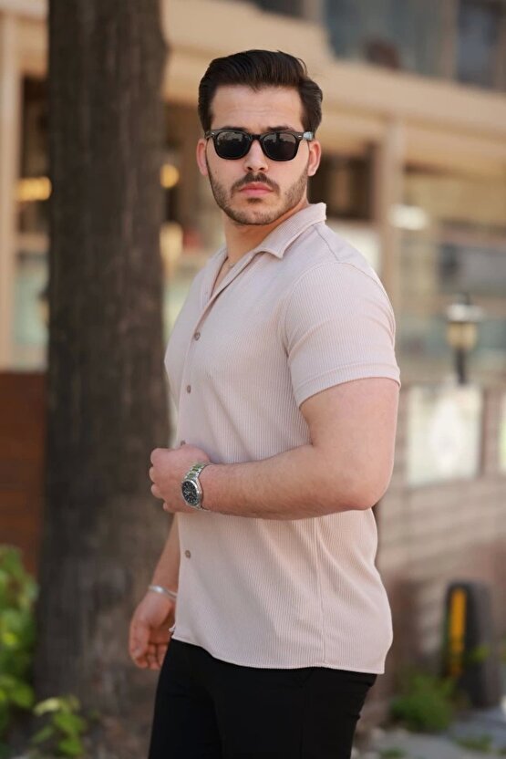 Erkek Ottoman Kumaş Apaj Yaka Kısa Kollu Gömlek