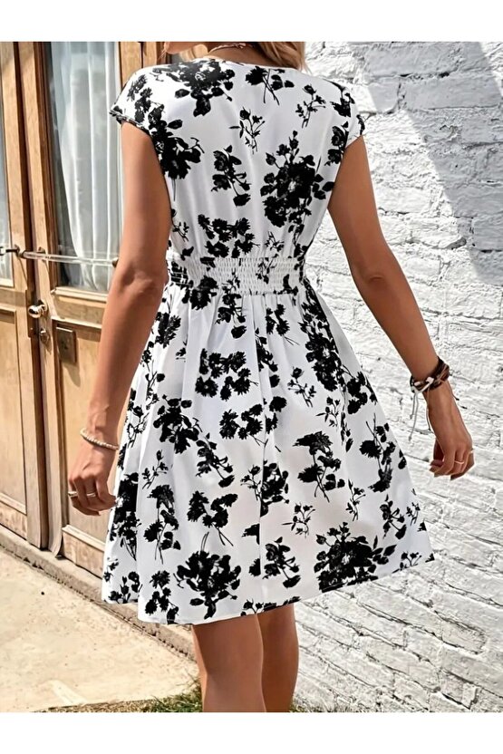 Gökyüzü Moda Kadın Kısa Kollu Kruvaze Yakalı çiçekli Desenli Süprem Elbise